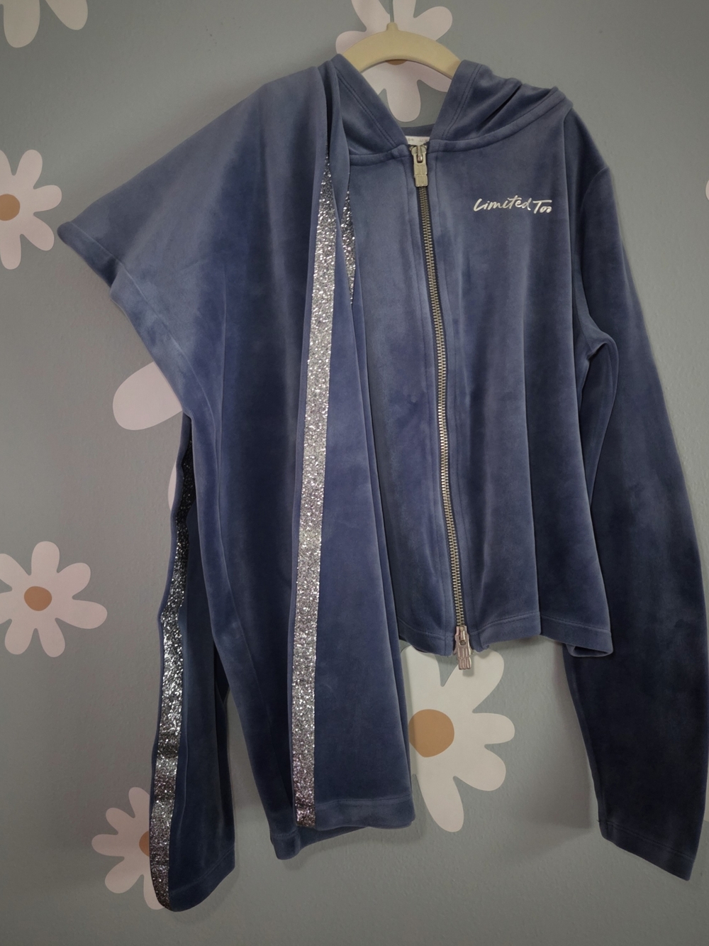 Limited Too Girl's Blue Velour Set Zip Hoodie with Silver Glitter Trim ♡ Size L